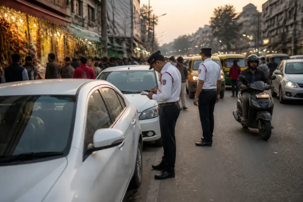 Delhi wrong parking challans campaign near vehicles parked along a busy market road