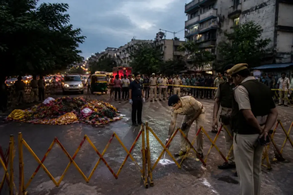 Police presence near the Pitampura area after a student was killed in a stabbing during Durga immersion.