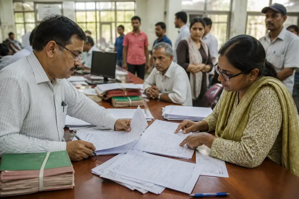 Delhi voter roll revision documents being checked at an election office