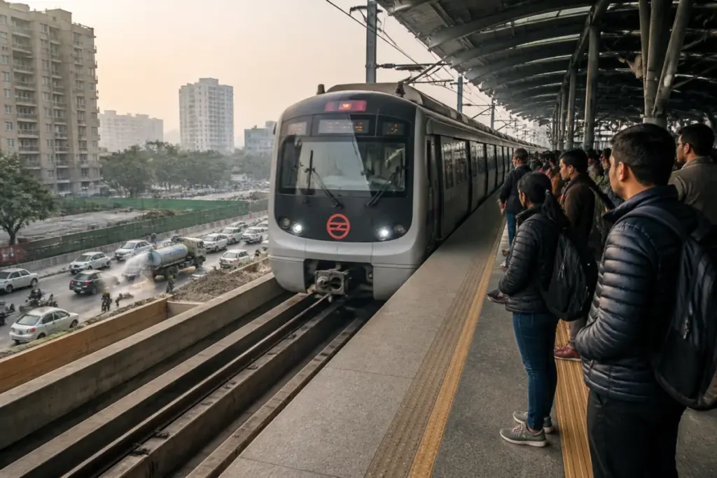 Delhi Metro train serving commuters amid the city’s GRAP-I pollution response
