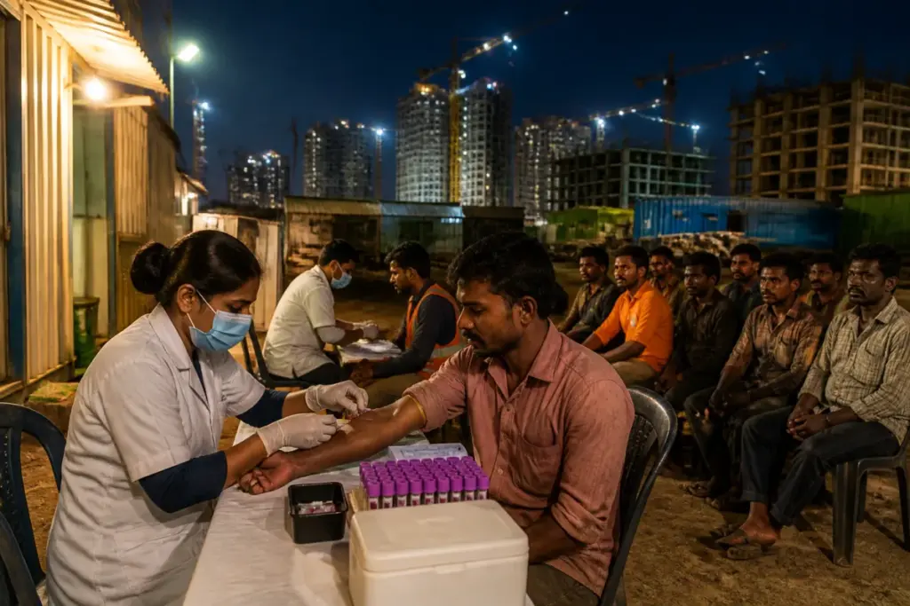 Pune filariasis tests being conducted among workers at a construction site at night
