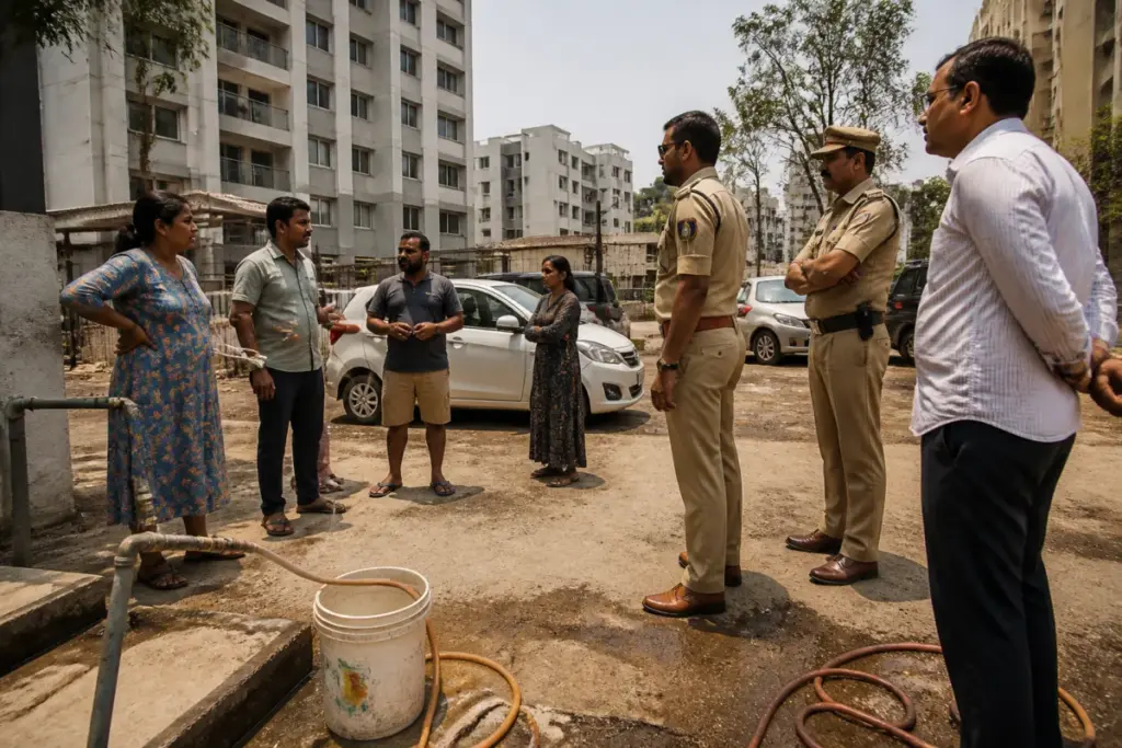 Pune housing society water dispute near a residential building during water shortage measures