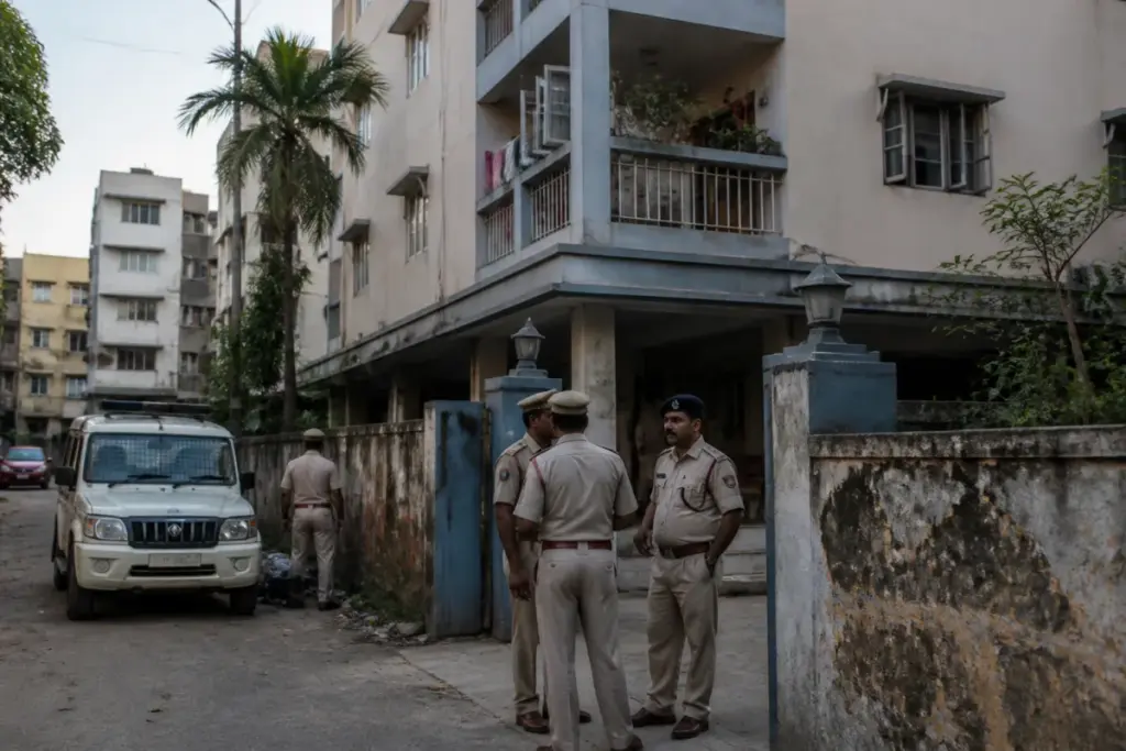 Police outside a rented flat in Guwahati linked to a woman's death investigation