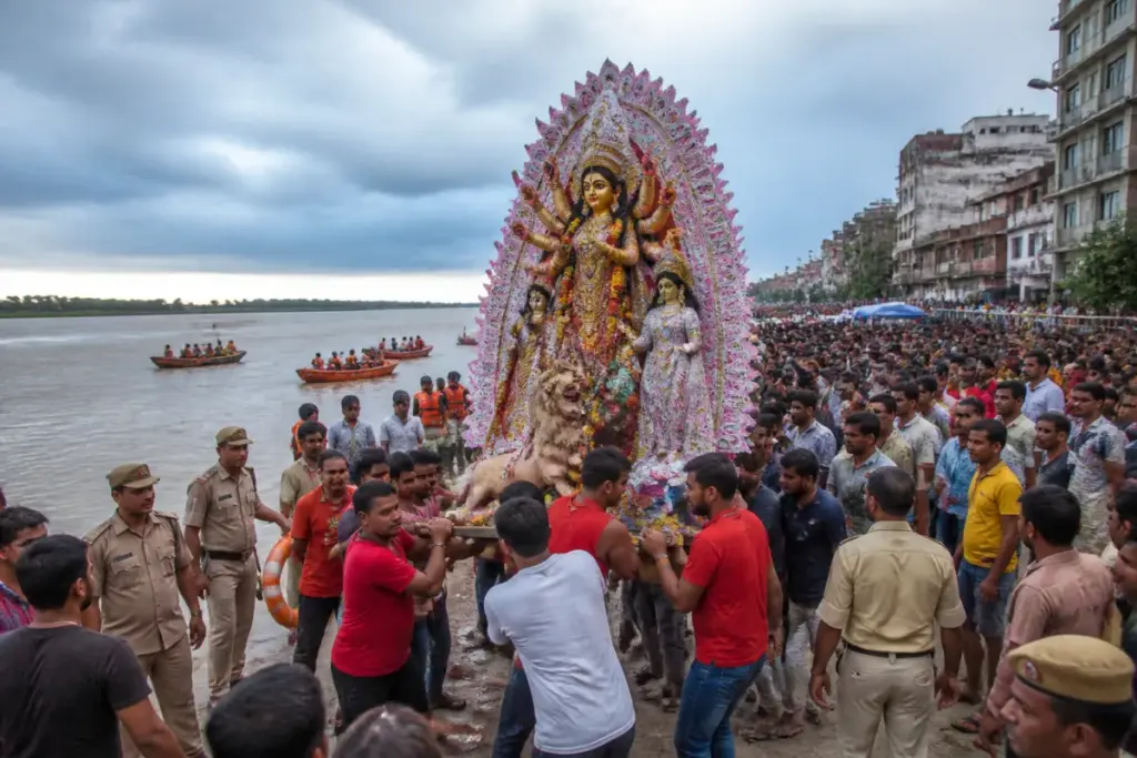 Dibrugarh Durga Puja immersion procession near the Brahmaputra with crowds and safety teams