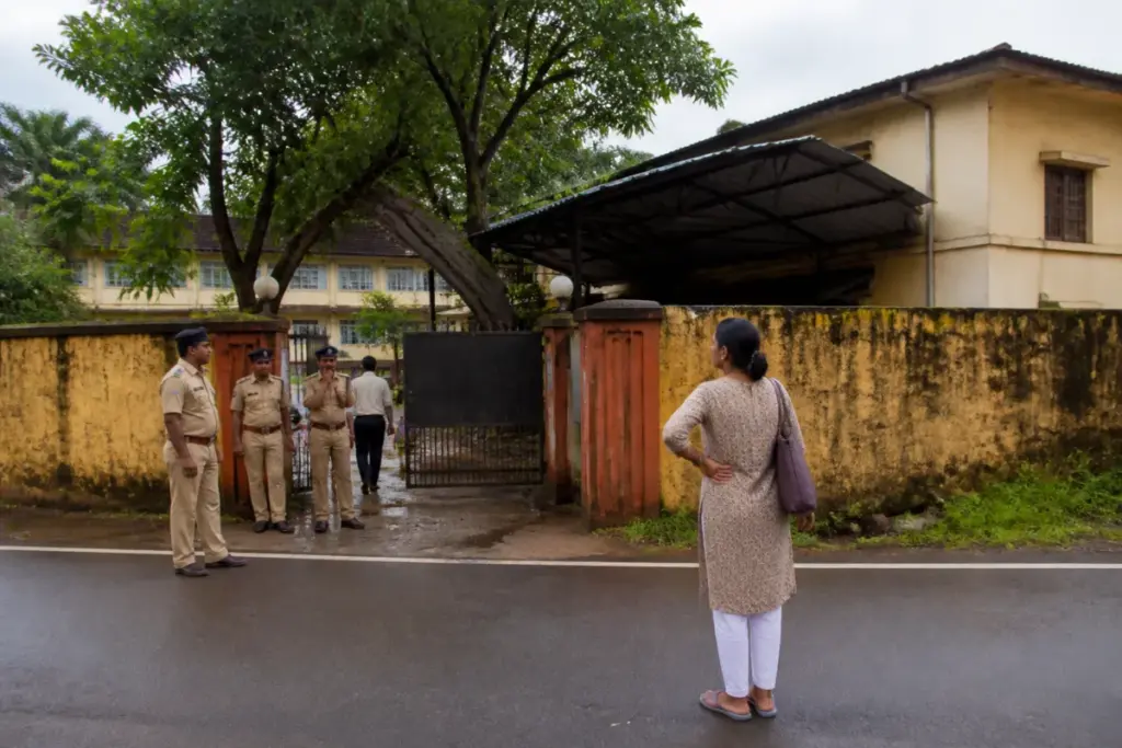 Goa school assault case involving a police investigation outside a school in Mandrem