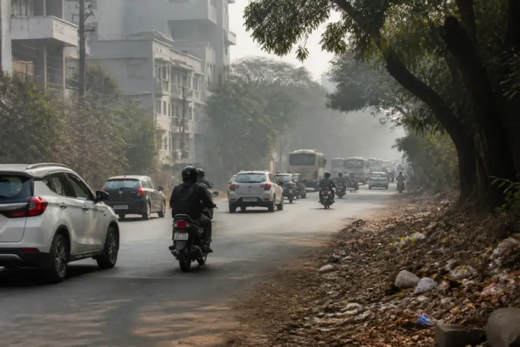Nagpur air quality monitor showing pollution concerns over a busy city road
