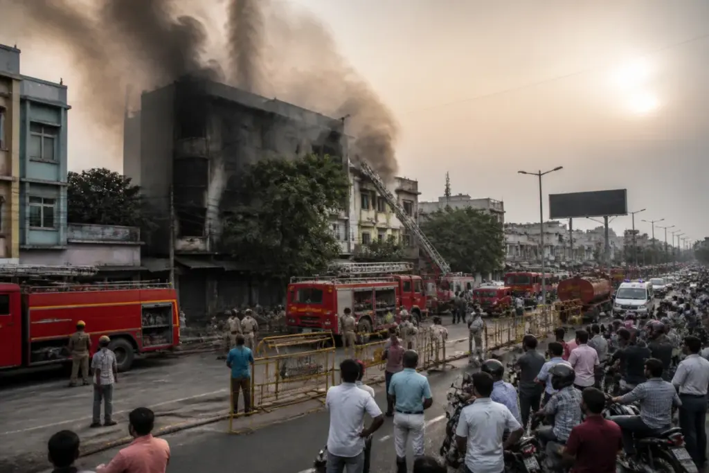 Dharmapuri building fire response near Netaji Bypass Road with fire tenders and traffic diversions
