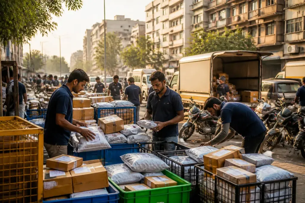 India e-commerce growth shown through a busy Tier 2 city delivery hub with packages and workers