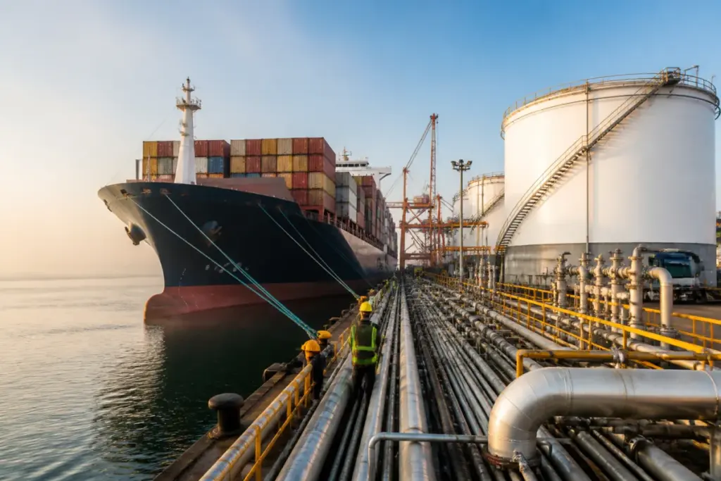 Methanol fuel for ships infrastructure at an Indian port with a cargo vessel near storage tanks