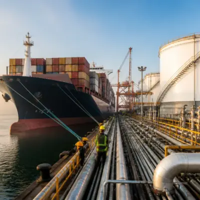 Methanol fuel for ships infrastructure at an Indian port with a cargo vessel near storage tanks