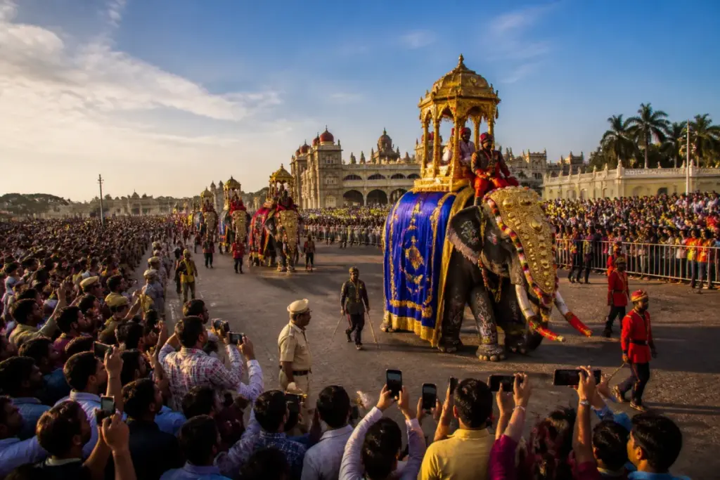 Mysuru Dasara Jamboo Savari elephants carrying the golden ambari through a crowded city procession
