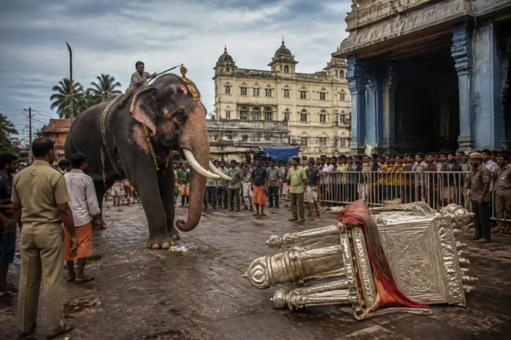 Shivamogga Dasara elephant Somanna during a disrupted procession