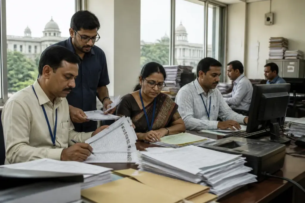 Karnataka voter list officials reviewing electoral roll documents during voter verification