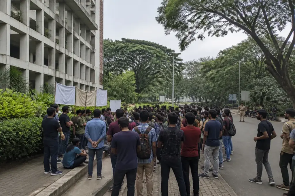 IIT Bombay student protest site with banners and campus buildings in the background