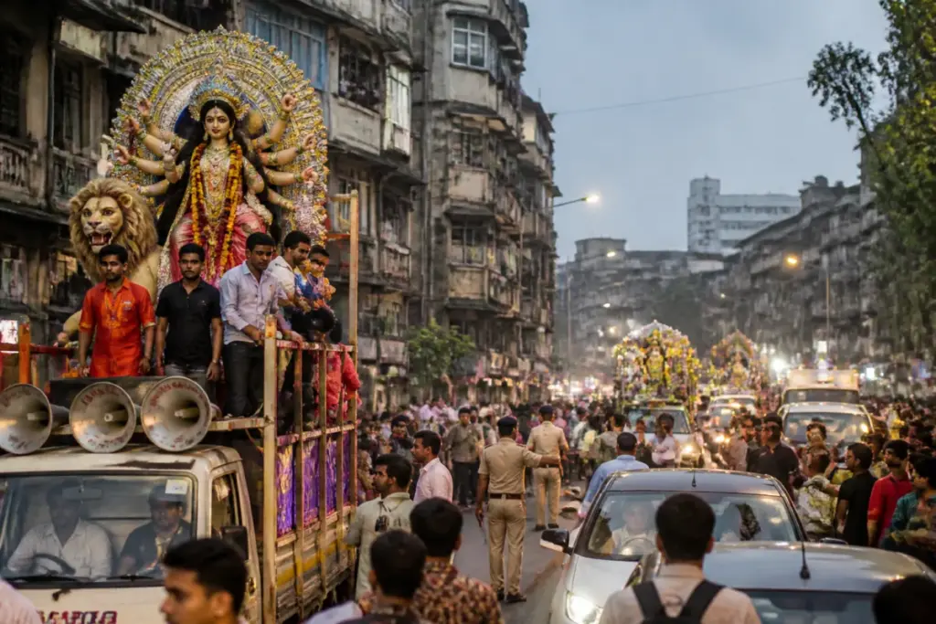 Mumbai noise pollution during a crowded festival procession with loudspeakers and traffic