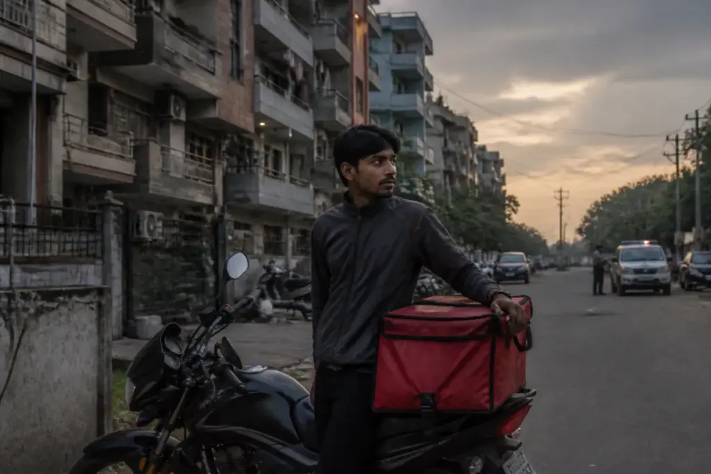 Delhi delivery executive on a motorcycle outside a residential neighbourhood