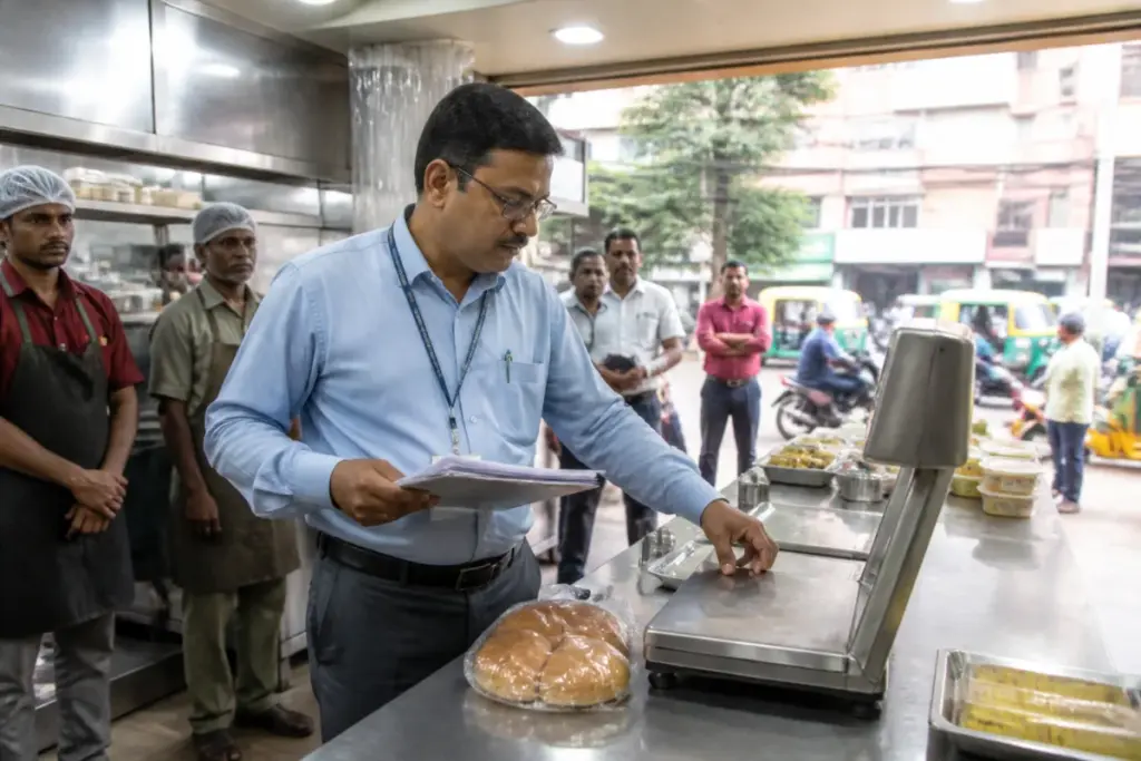 Karnataka regulatory inspections at a food establishment with a government officer reviewing compliance records