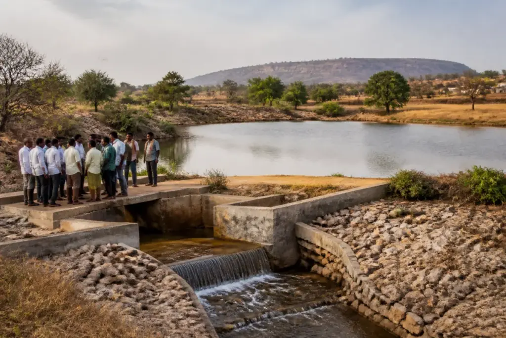 Telangana water conservation work near a village tank and rural water supply system