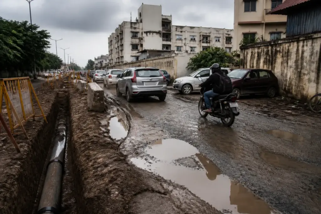The damaged Tambaram-Velachery road in Chennai covered with mud, slush and rainwater-filled potholes