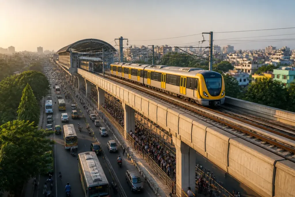 Chennai Metro Yellow Line train on the elevated corridor between Poonamallee Bypass and Vadapalani