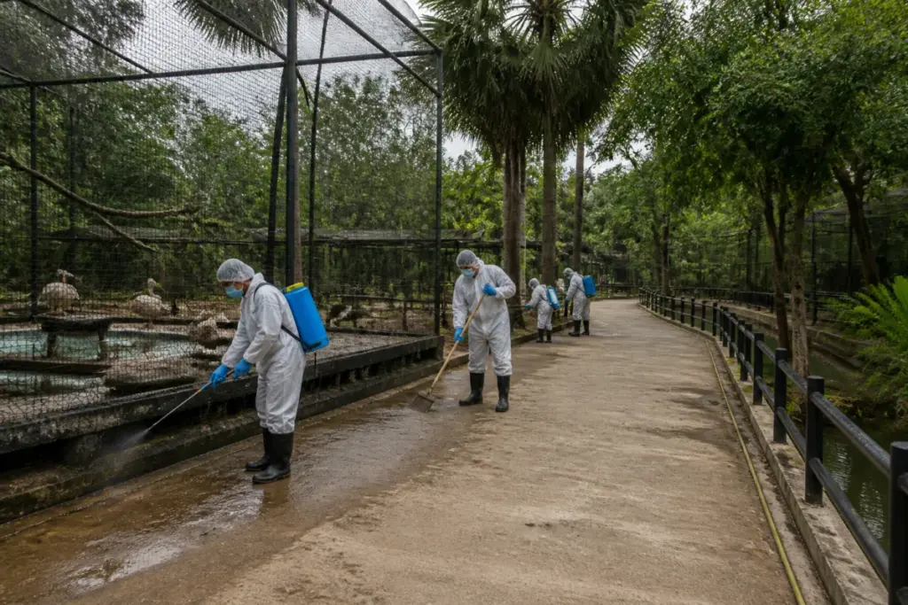 Vandalur Zoo bird flu response with a closed aquatic bird enclosure being cleaned.