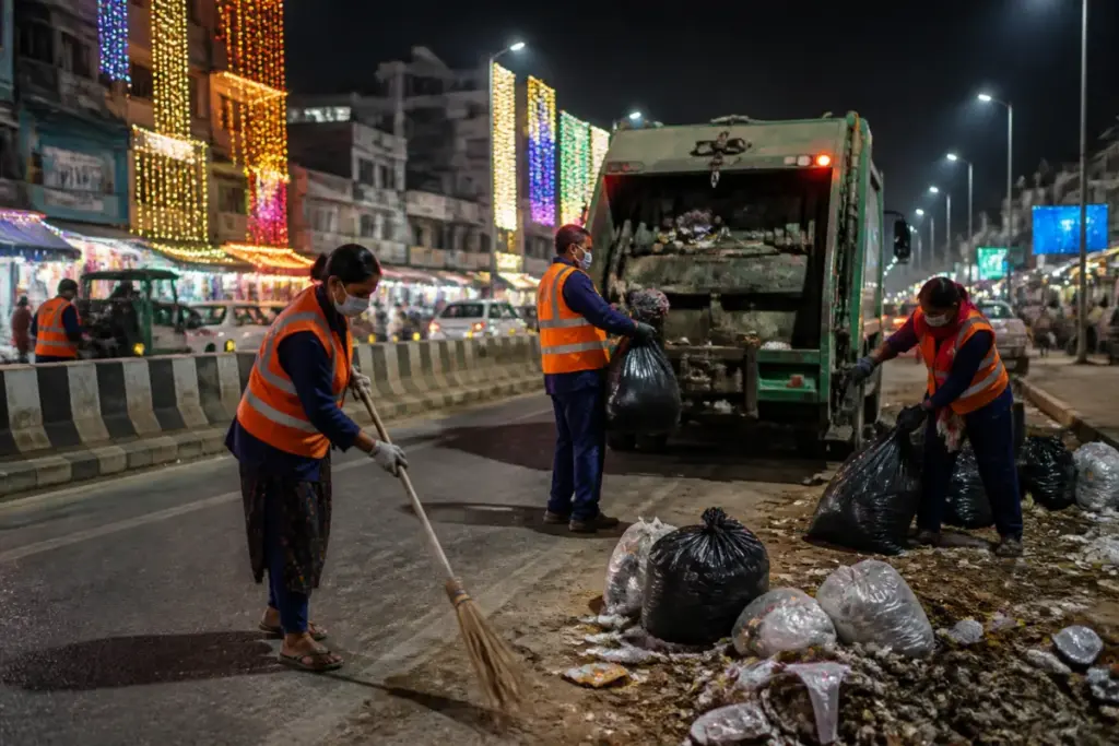 Delhi night cleaning drive with municipal workers clearing waste from a city road