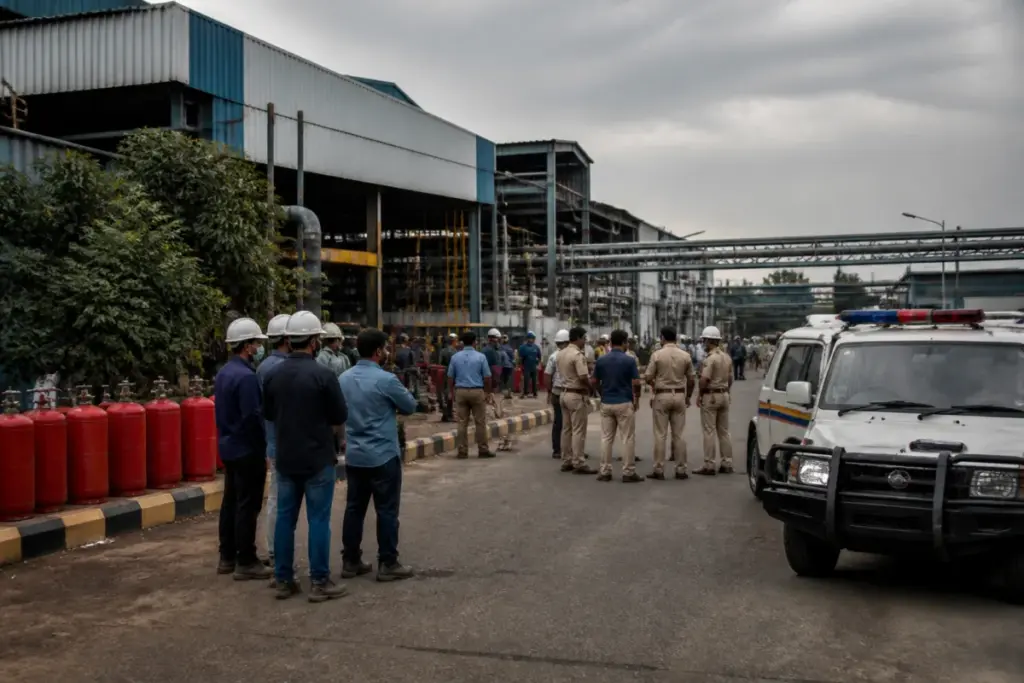 Police presence near an industrial plant in Pune linked to the MIDC gas leak case