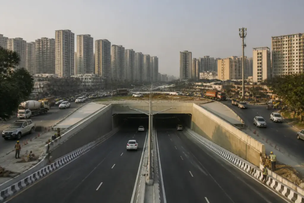 Kisan Chowk underpass construction site in Greater Noida West nearing completion