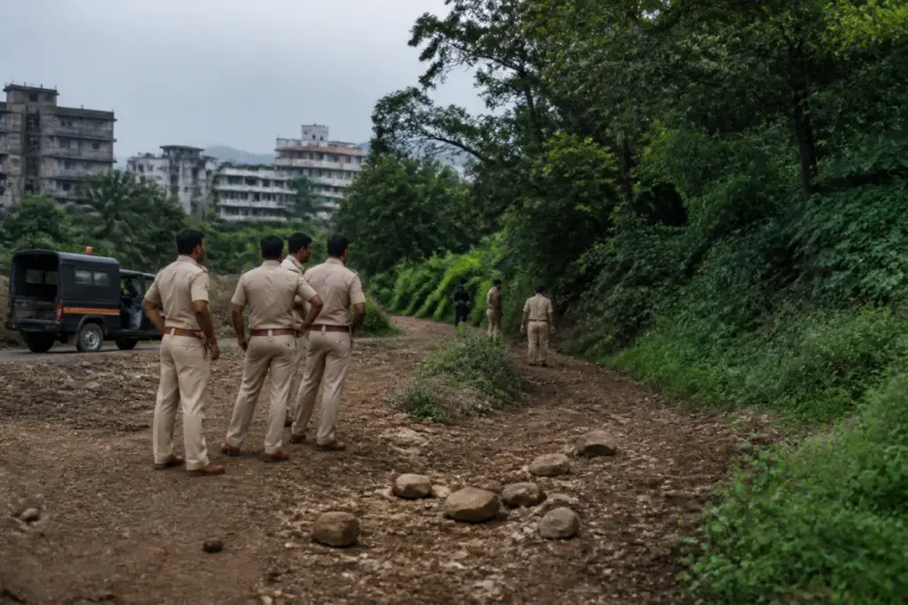 Police investigation near the Chenagaon forest after a fatal Mira Road shooting