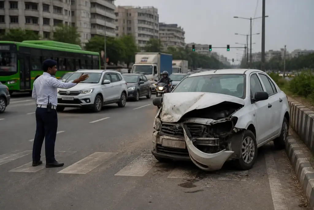 Delhi road accidents scene with damaged cars and traffic moving through a busy city road