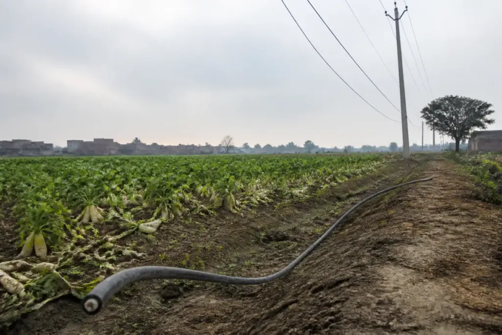 Ghaziabad high-tension wire lying across a rural field near Bhovapur village