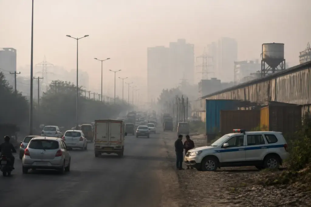 Gurugram AQI pollution haze over a busy road after festival fireworks