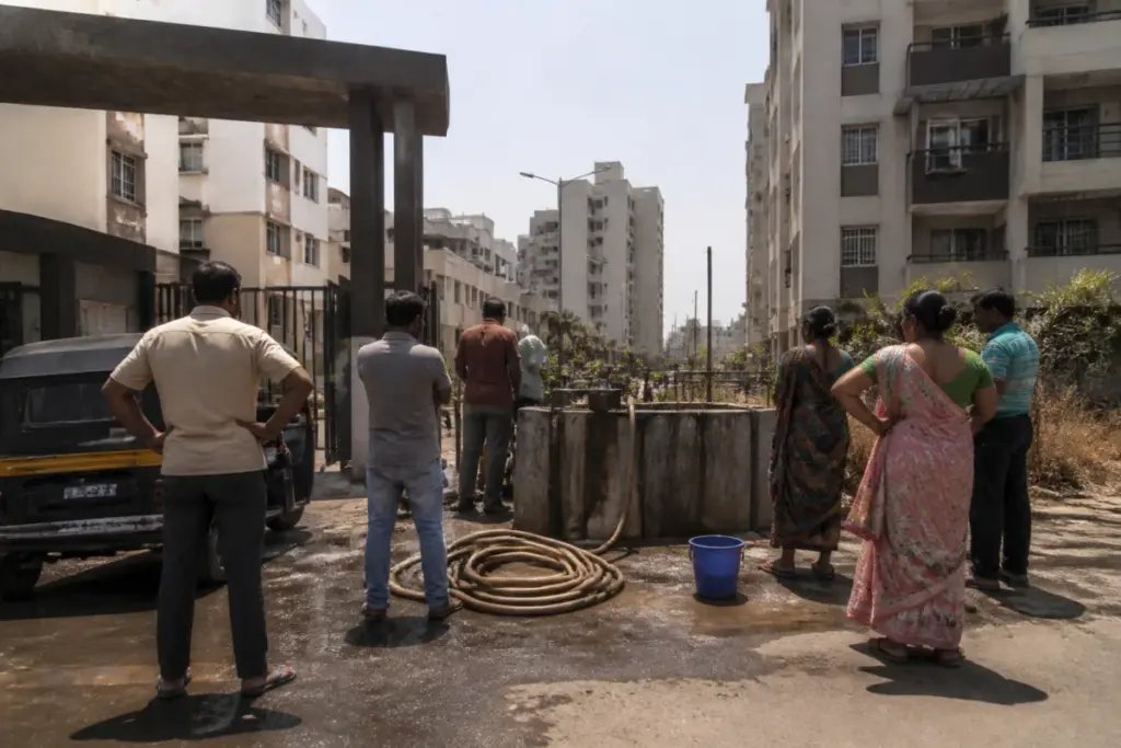 Pune housing society water dispute near a residential complex during a water shortage