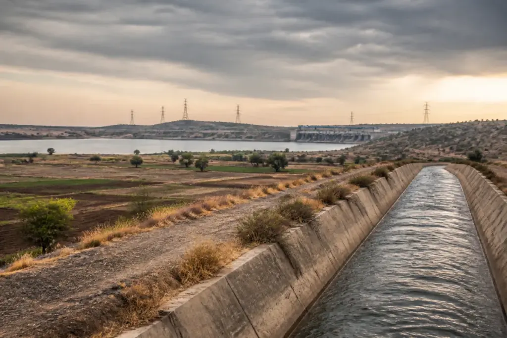 Gujarat water availability represented by a reservoir and irrigation canal near farmland