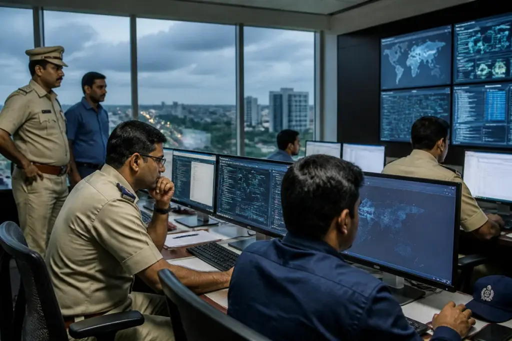 Bhubaneswar police X account hack represented by a police communications office and cybersecurity monitoring screens