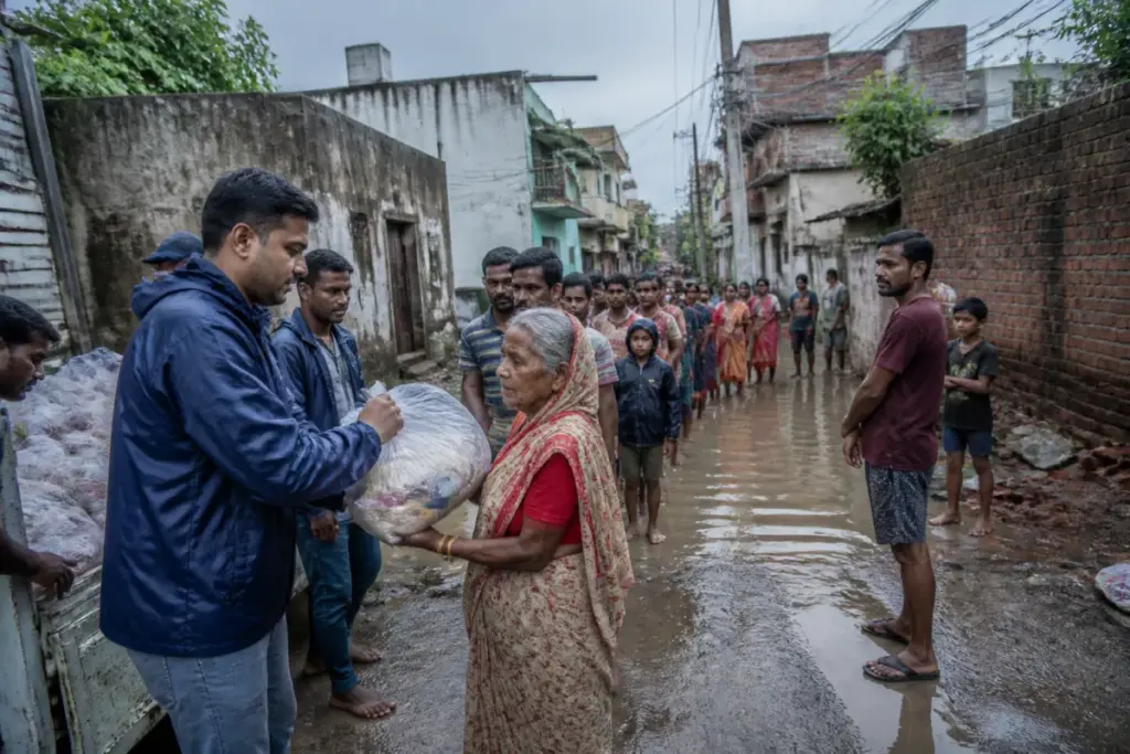 Lucknow flood relief workers distributing ration kits to affected families in Faizullaganj