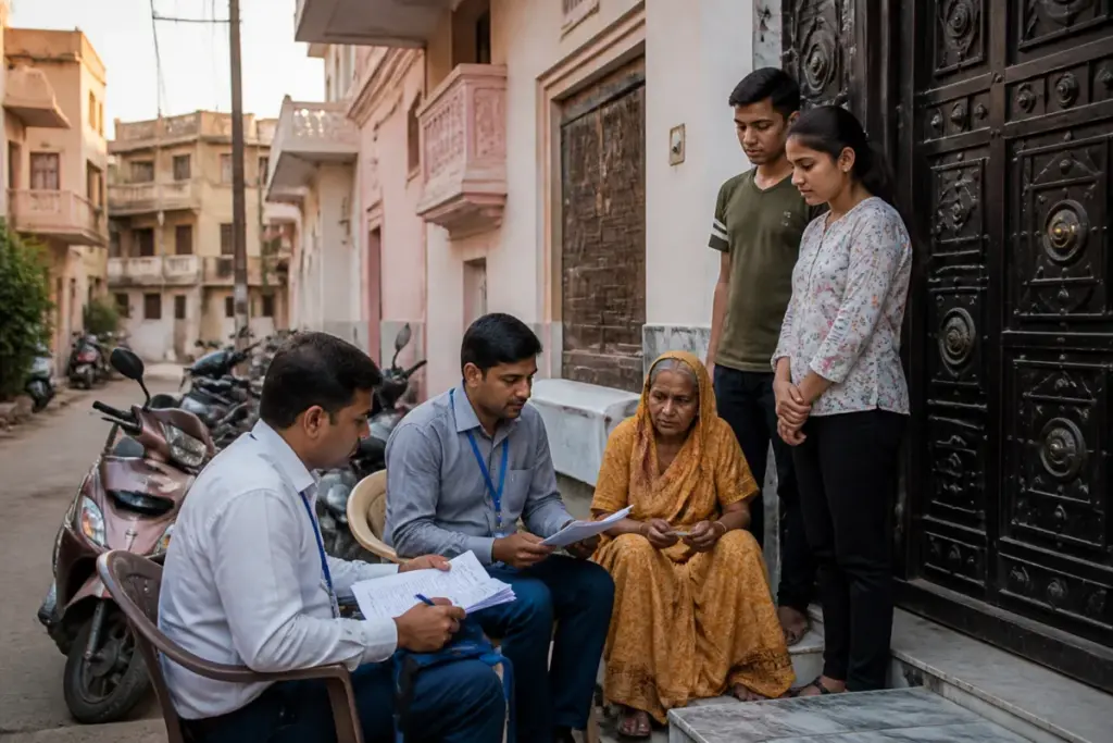 Rajasthan voter registration officials conducting a door-to-door electoral enrolment drive