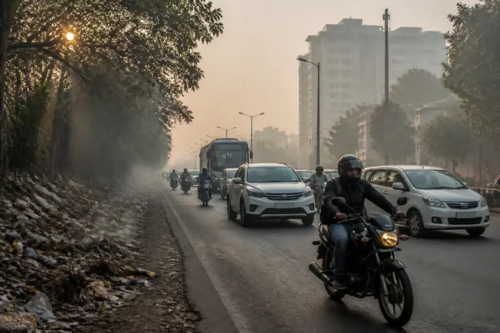 Nagpur AQI pollution haze over a city road with traffic and dry weather conditions
