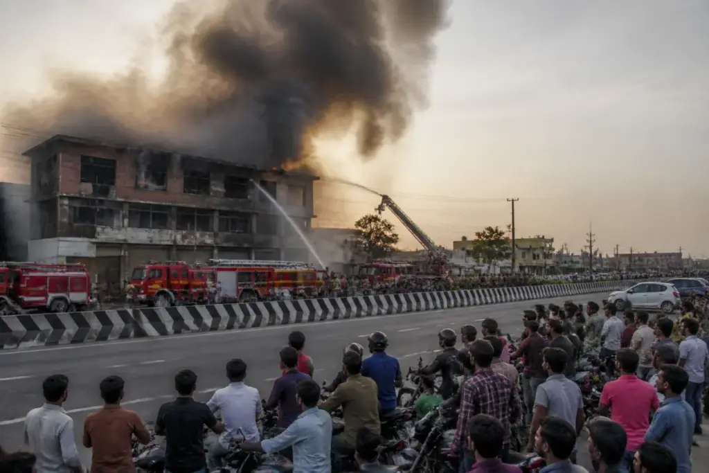 Firefighters tackle a building fire near Dharmapuri's Netaji Bypass Road