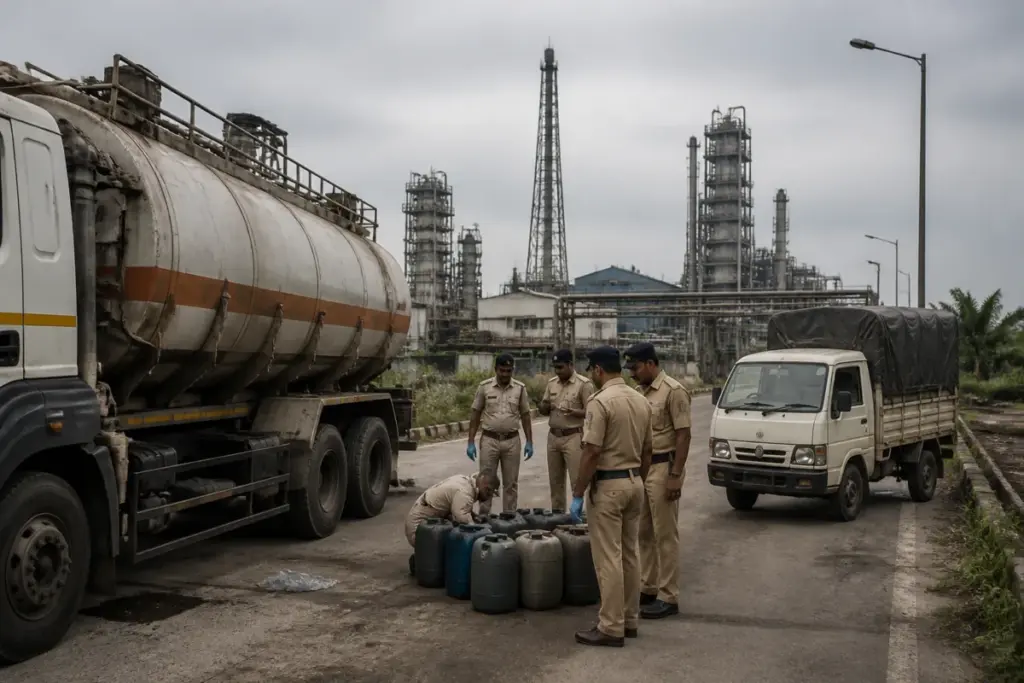 Surat chemical theft investigation involving industrial tankers and seized chemical containers