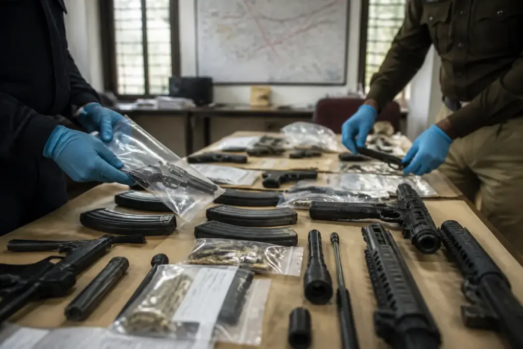 Punjab arms smuggling investigation with police-seized firearms displayed in Amritsar