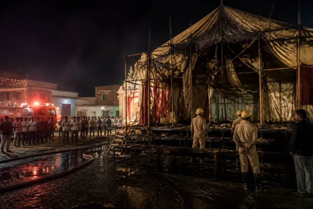 Siwan Dussehra stage fire damages a temporary performance tent in Rasulpur, Bihar
