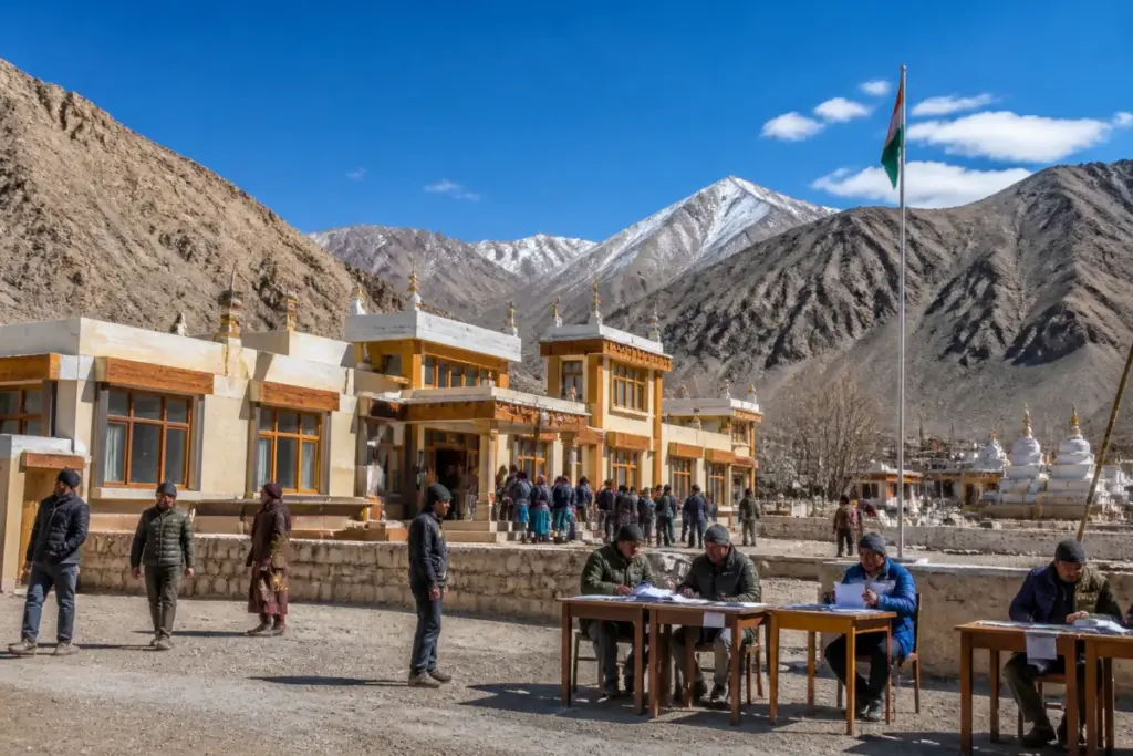 LAHDC elections and local governance in Ladakh, with a mountain district administration building