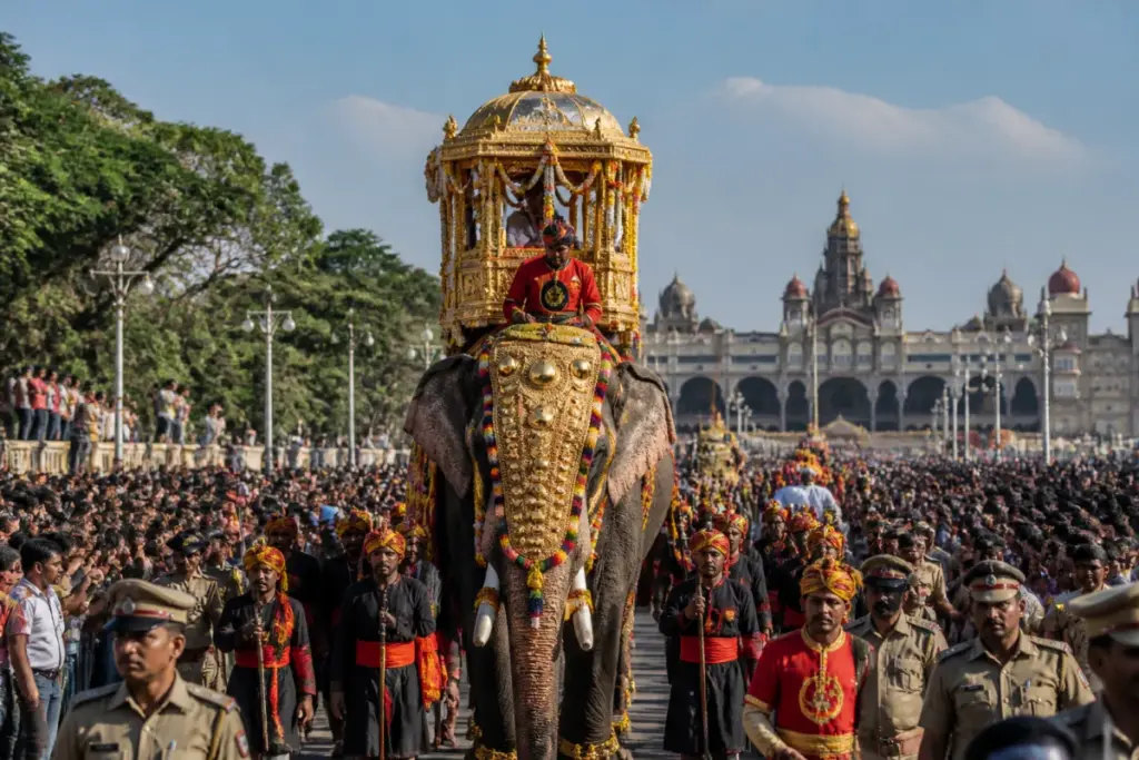 Mysuru Dasara procession led by elephant Prashantha carrying the golden howdah through a crowded avenue