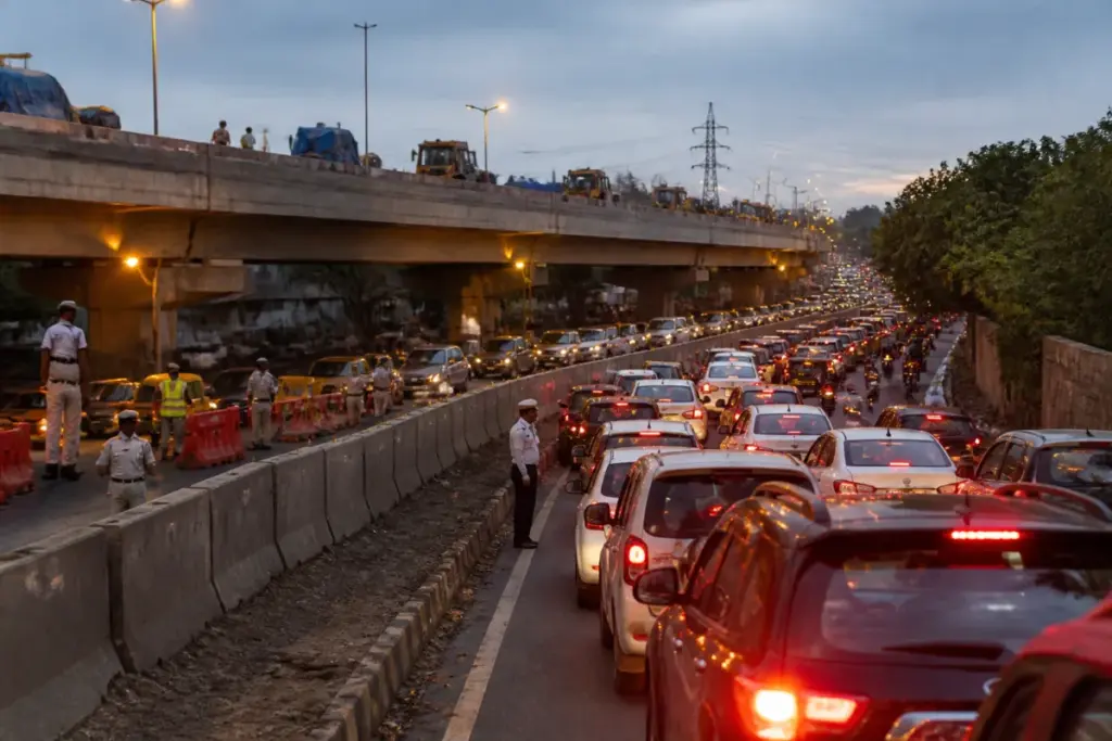 Delhi RTR flyover closure causing traffic congestion near the airport and Vasant Vihar