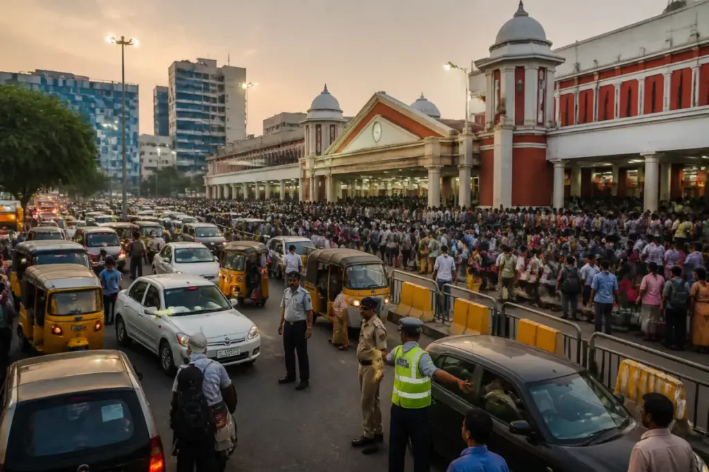 Secunderabad Railway Station during the Dussehra travel rush with passengers and vehicles outside