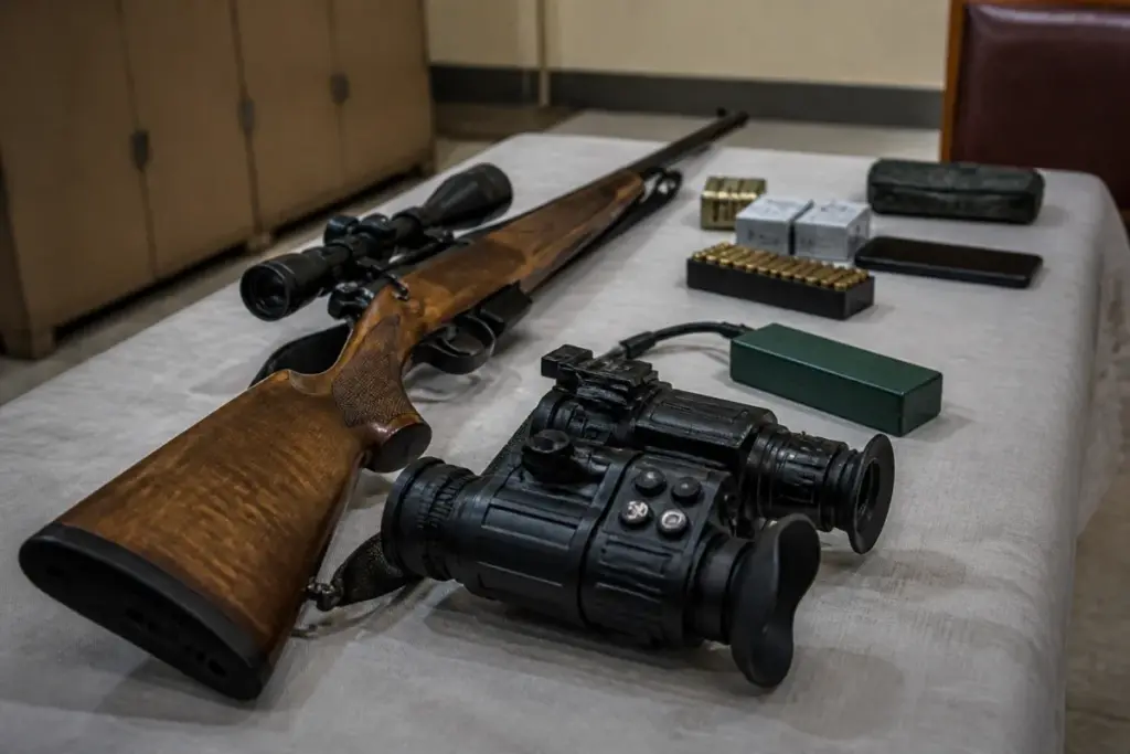 Hyderabad poaching case equipment seized by police, including a rifle and night-vision scope