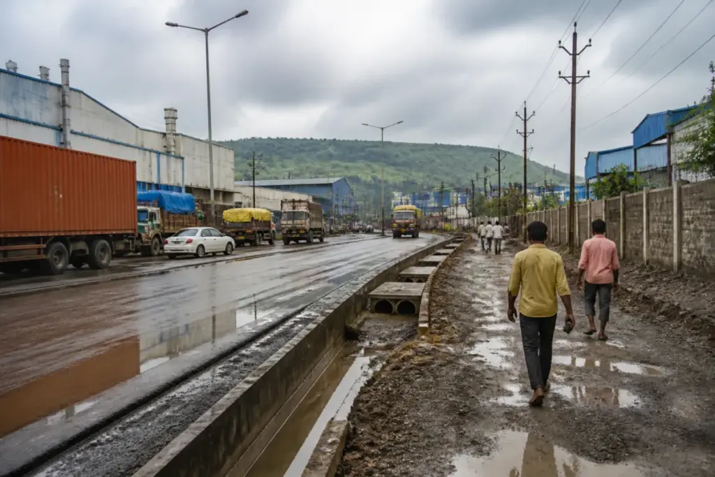 Chakan infrastructure plan showing industrial roads, trucks and workers near Pune
