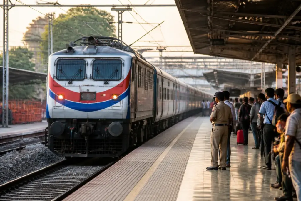 Varanasi-Sabarmati Superfast Express represented by an LHB train at an Indian railway station