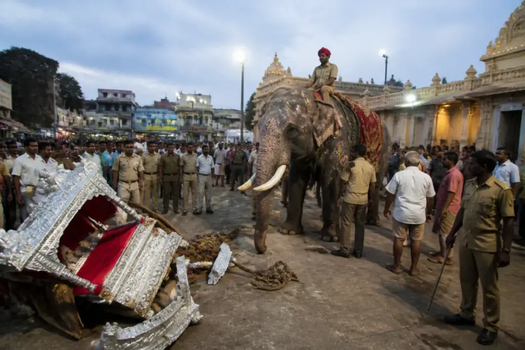 Shivamogga Dasara procession disrupted after the Somanna elephant panicked and the silver ambari fell.